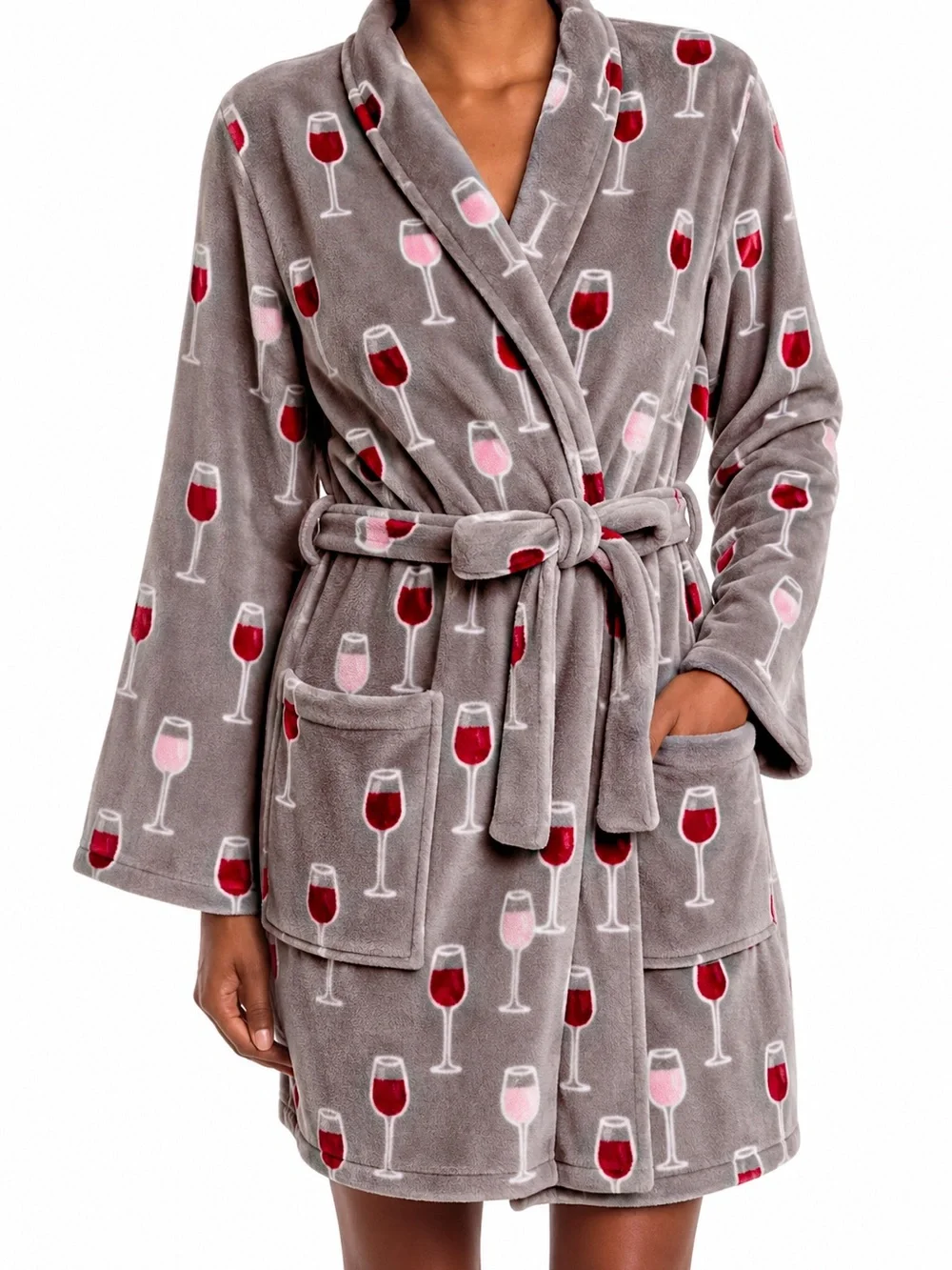 Super cozy and cute PJ Couture women's plush Wine Glasses Robe gray, red & pink